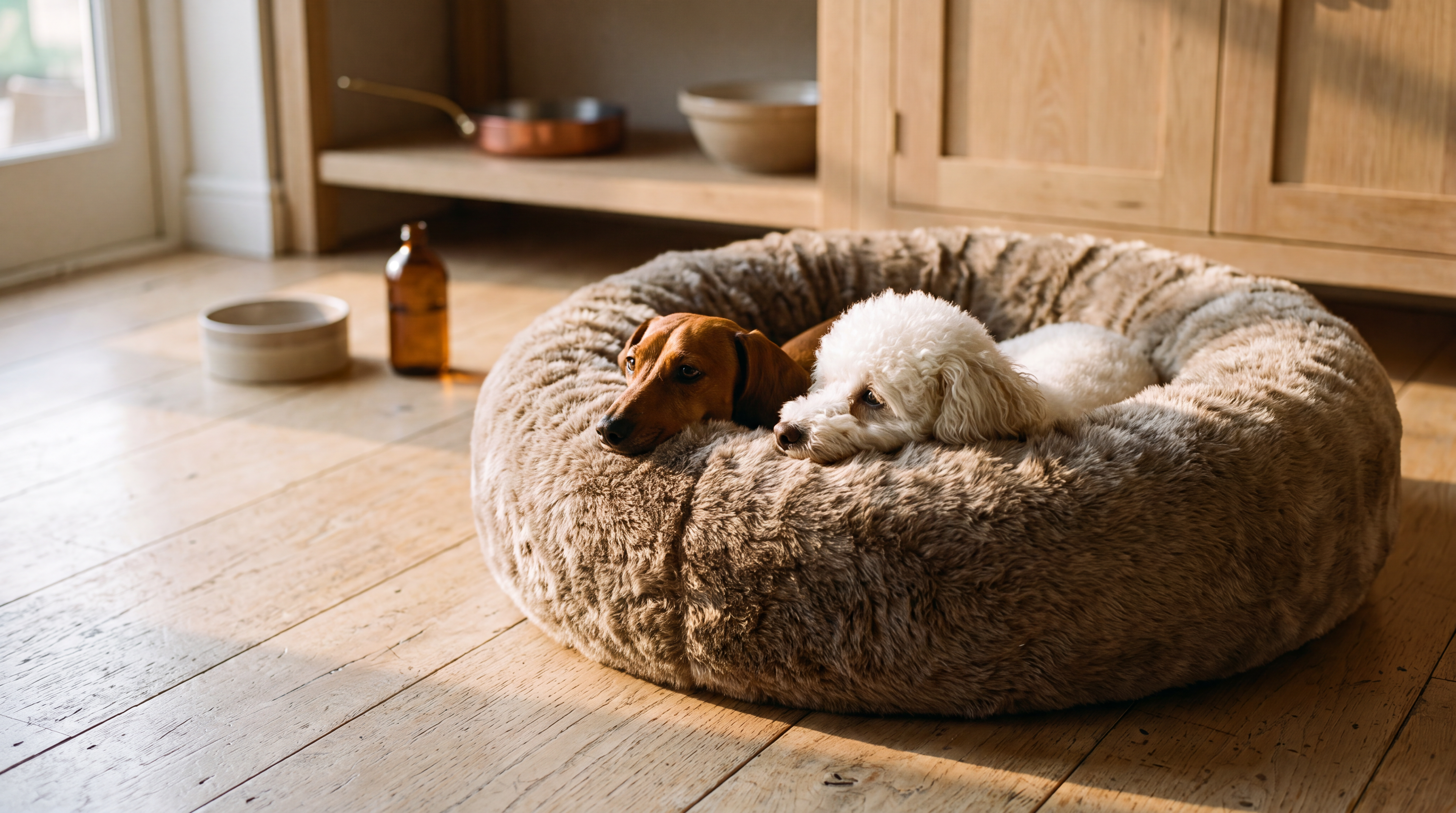 A fluffy round dog bed in a warm taupe-brown color, with a small white dog and a dachshund resting inside, set on a light wooden floor in a sunlit room.